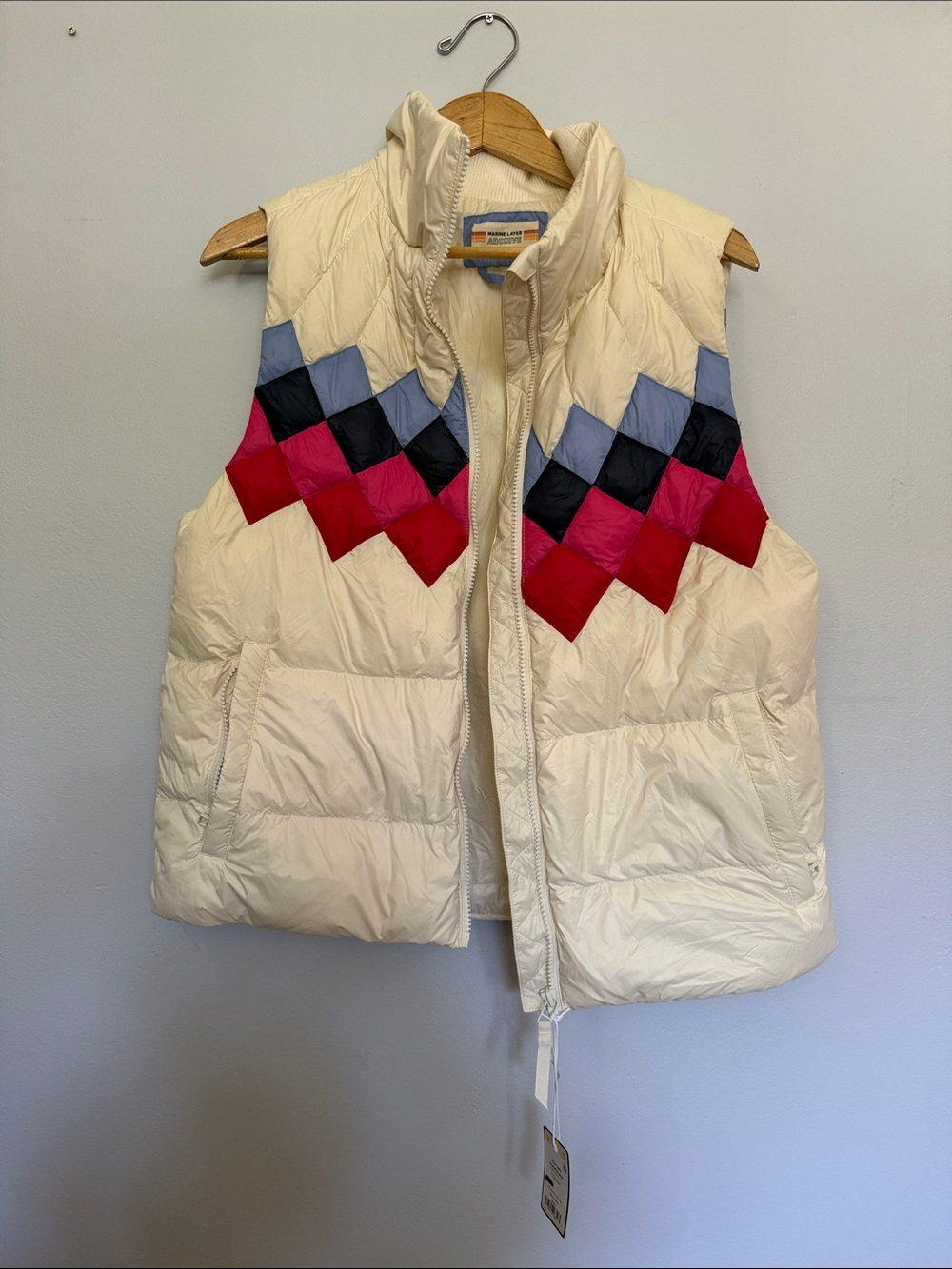 Marine Layer Cream Quilted Vest with Red, Pink, Blue and Black Diamond Yoke